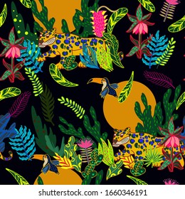 Seamless pattern with vivid jungle and wild animals, abstract background.