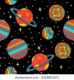 Seamless pattern with vivid planet in the space. Vector.