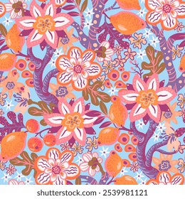 Seamless pattern with vivid simple flowers and lemons. Vector