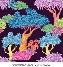 Seamless pattern with vivid stylized trees and plants in graphic style. Vector