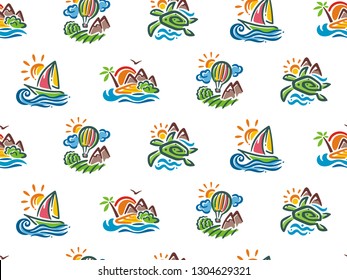 Seamless pattern of vivid travel. Vector illustration of impressive journeys.