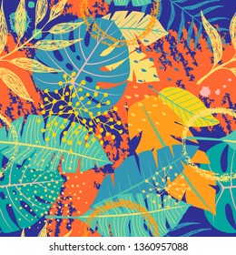 Seamless pattern with vivid tropical leaves and hand drawn textures on dark blue background. 