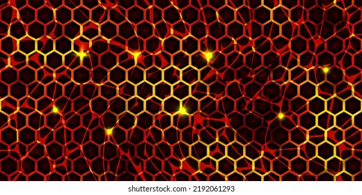 Seamless pattern of volcanic lava with honeycomb stones texture. Hot magma surface top view. Broken ground with liquid fire. Abstract vector background. Cracked earth. Volcano eruption wallpaper