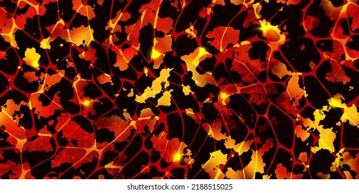 Patrón sin foco de lava volcánica con textura de piedras fundidas. Vista superior de la superficie del magma caliente. Terreno roto con fuego líquido. Resumen del fondo vectorial. Tierra rota. Papel tapiz de la erupción volcánica