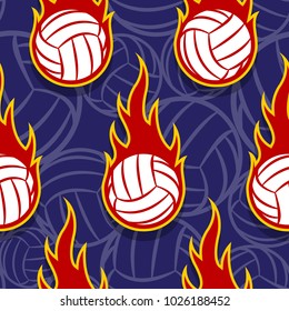 Seamless pattern with volleyball ball icons and flames. Vector illustration. Ideal for wallpaper, wrapping, packaging, fabric design and any kind of decoration.