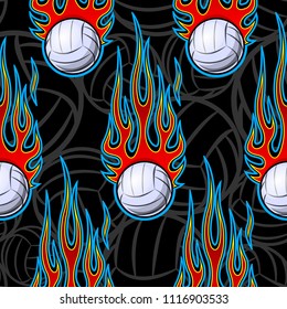 Seamless pattern with volleyball ball symbol and hot rod flame. Vector illustration. Ideal for wallpaper, packaging, fabric, textile, wrapping paper design and any decoration.