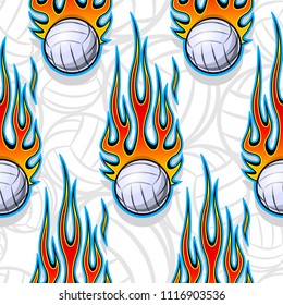 Seamless pattern with volleyball ball symbol and hot rod flame. Vector illustration. Ideal for wallpaper, packaging, fabric, textile, wrapping paper design and any decoration.