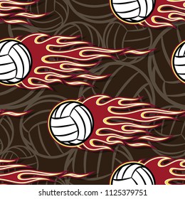 Seamless pattern with volleyball ball symbol and hot rod flame. Vector illustration. Ideal for wallpaper, packaging, fabric, textile, wrapping paper design and any decoration.