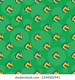 Seamless pattern with Volleyball balls in flat style on a green background. Colorful illustration art for tournament illustration and sport apps. Vector EPS 10