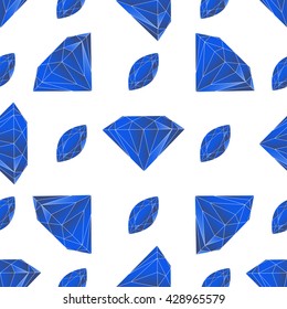 Seamless pattern with volume blue diamonds or sapphires on the white background. Vector illustration for wedding design, textile, royal invitation card, wallpaper, packaging.