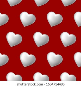 Seamless pattern with volume hearts isolated on red background. Flying white hearts for Valentine s day. Template for fabric, wrapper, banners. Vector 3d illustration