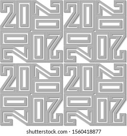 Seamless pattern. Volume logo 2020. White numbers with shadow. 3d cut out of paper effect with realistic shadow.White geometric background. Calendar.