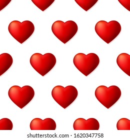 Seamless pattern with volume red hearts isolated on white background. Decoration for Valentine s day, template for fabric, wrapper, banners. Vector 3d illustration