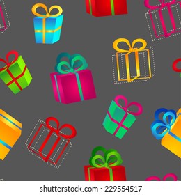 Seamless pattern of volumetric bright colorful gift boxes with bows for birthday, Christmas or New Year on grey  background