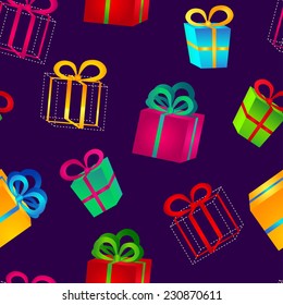 Seamless pattern of volumetric bright colorful gift boxes with bows for birthday, Christmas or New Year on dark blue  background