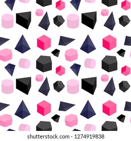 Seamless pattern. Volumetric and colorful shapes on a white background.