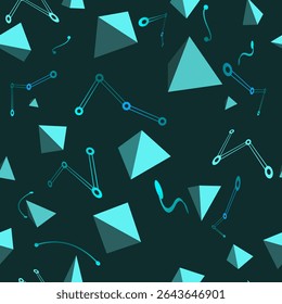 Seamless pattern with volumetric geometric figures in the form of pyramids and curved geometric lines in green and turquoise shades. Vector illustration in technical style. Eps 10