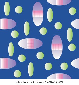 Nahtloses Muster volumetrischer geometrischer Formen auf blauem Hintergrund für Textilien. Dynamisches Zeichnungslicht auf dunkel.