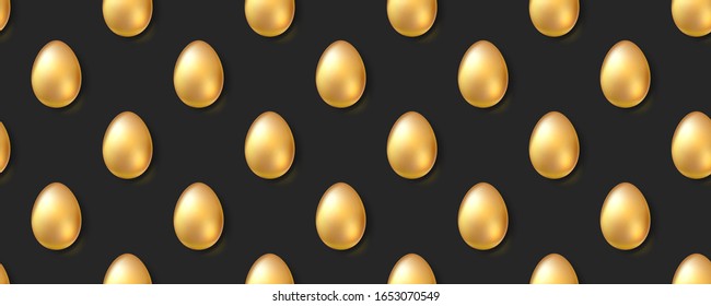 Seamless pattern, volumetric golden eggs on black. Ornament for easter holidays on long backdrop. Decorative elements for poster, cover, invitation. Vector 3d illustration