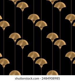 Patrón sin costuras con abanicos dorados voluminosos. rayas sobre un fondo negro. Estilo Art Deco. Vector impreso. Fondo de lujo