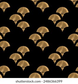 Seamless pattern with voluminous golden fans. stripes on a black background. Art deco style. Vector print. Luxury background