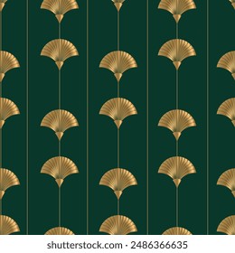 Nahtloses Muster mit voluminösen goldenen Fans und Streifen auf tiefgrünem. Art-Déco-Stil. Vektorgrafik drucken. Luxushintergrund