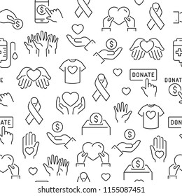 Patrón transparente con voluntariado y donaciones. Iconos de línea delgada en blanco y negro