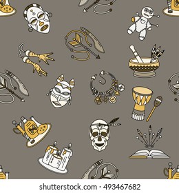 Seamless pattern with voodoo African and American magic vector symbols.