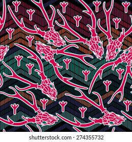 Seamless pattern voodoo cartoon with different skull .