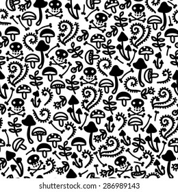 Seamless pattern voodoo cartoon with  skull and flowers .