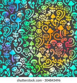 Seamless pattern voodoo cartoon with  skull and flowers .
