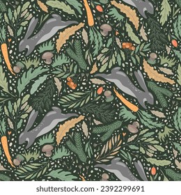 Seamless pattern vs jumping hare, bunny, rabbit