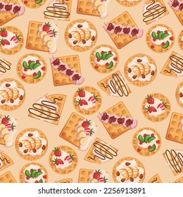 Seamless Pattern with Wafers. Repeated Background with Belgian Waffles Square and Round Shape with Berries, Fresh Fruits, Cream and Topping, Wallpaper or Textile Tile. Cartoon Vector Illustration