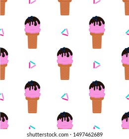 Seamless pattern: a waffle cup with pink ice-cream poured chocolate with sprinkles on a white background. Flat vector. illustration.