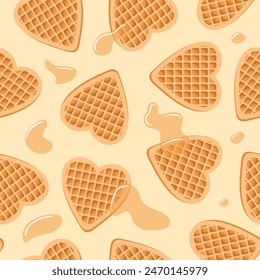 Seamless pattern of waffle hearts. Maple syrup or honey. Background on the theme of love, wedding and Valentines Day. Delicious soft sweets, realistic vector food illustration. menu, cafe