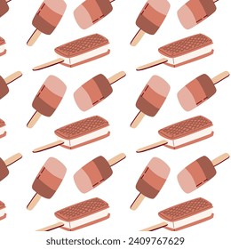 seamless pattern with waffle ice cream and different chocolate ice cream. Vector illustration isolated. 