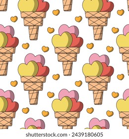 Seamless pattern with Waffle Ice Cream shaped Heart