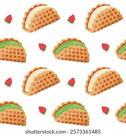 Seamless pattern Waffle with ice cream, sweet, vanilla, Maca, strawberry, for design, vector.