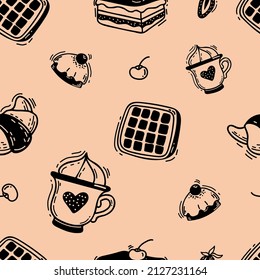 Nahtloses Muster mit Waffeln, Croissant, Kuchen und Dessert auf beigem Hintergrund. Vektorgrafik. Lineare, handgezeichnete Doodles für Design und Dekoration, Tapeten und Textilien.