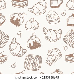 Seamless pattern with waffles, croissants, cakes, dessert, cupcakes and pieces of cake on white background. Vector illustration. Linear hand drawn doodles for design and decor, wallpapers and textiles