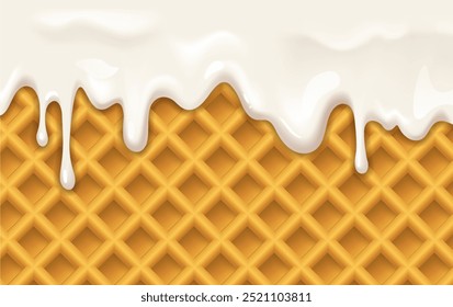 Padrão sem costura com waffles e creme derretido. Fundo com textura de sorvete doce fluindo para baixo no cone de waffle. Design para publicidade. Modelo de sobremesa de repetição. Ilustração de vetor 3D realista