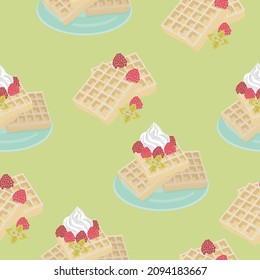 Seamless pattern with waffles, whipped cream and raspberries for fabric or wrapping paper. Vector graphics