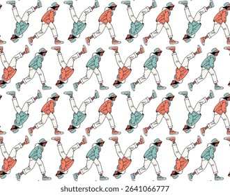 Seamless pattern of walking boys in retro style outfits with hoodies and hats in warm pastel palette, designed in nostalgic doodle cartoon style. Vector illustration.
