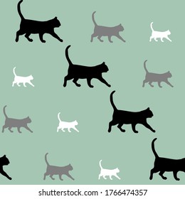 Seamless Pattern of the walking cat silhouette with different size and color on the blue background. A lovely Pet. Use for wallpaper, decor, textile, fabric, background. 