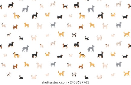 Seamless pattern with walking dogs of different breeds. Side view.  Flat Vector illustration isolated on white background