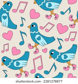 Patrón sin foco con un pájaro paloma, notas y corazones caminando. Disco, concepto musical. Ilustración vectorial de estilo retro