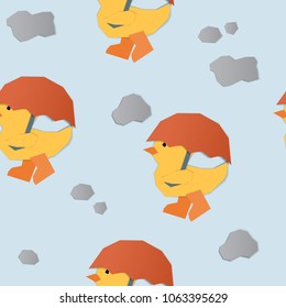 Seamless pattern. Walking duck on a rainy day. Paper cut design