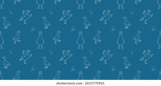 Seamless pattern with walking and flying geese, grass and leaves in white line art on a solid blue background. Minimal composition with evenly spaced farm birds