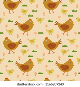 Seamless pattern walking hen and chickens 