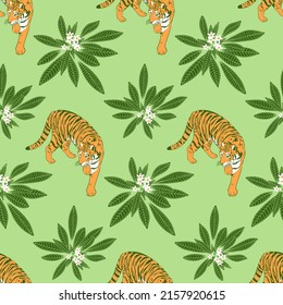 Seamless pattern with walking tiger and tropical plumeria leaves and flowers. Hand drawn exotic cover, textile, fabric, wrpapping paper summer jungle vector illustration